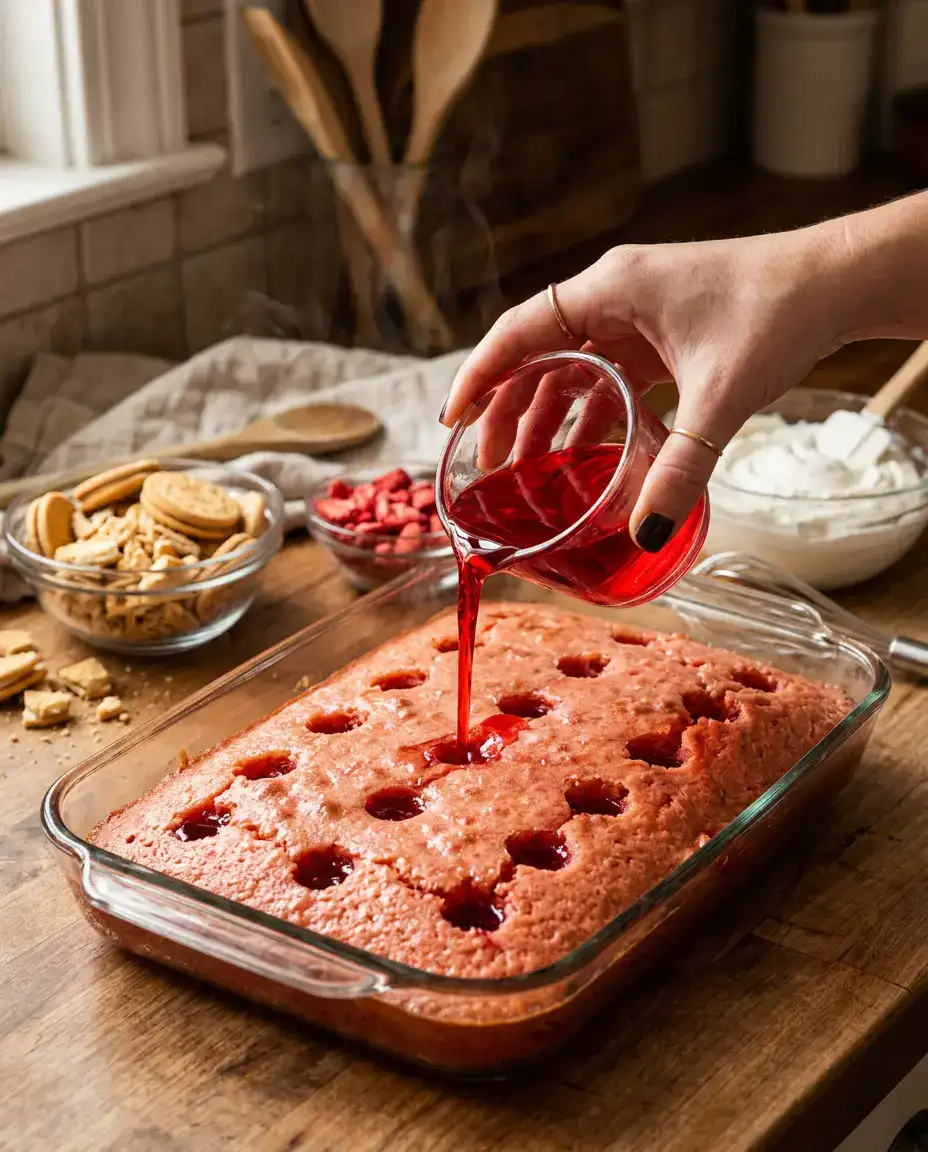 Strawberry gelatin being poured over a freshly baked strawberry crunch cake in baking dish
