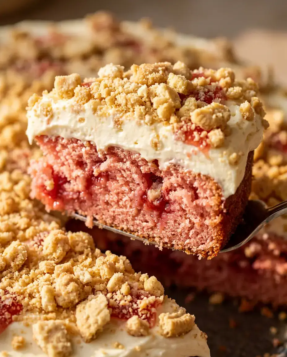 Slice of strawberry crunch cake lifted to show moist cake, creamy topping, and crunchy crumble