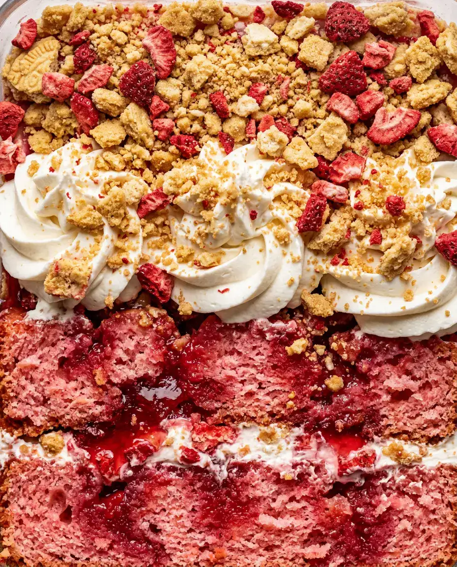 Close-up of strawberry crunch cake with whipped topping and crunchy strawberry cookie crumble