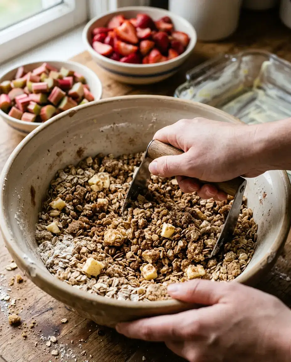 Strawberry Rhubarb Crisp With Buttery Oat Topping Hands cutting butter into oat topping for strawberry rhubarb crisp in a mixing bowl