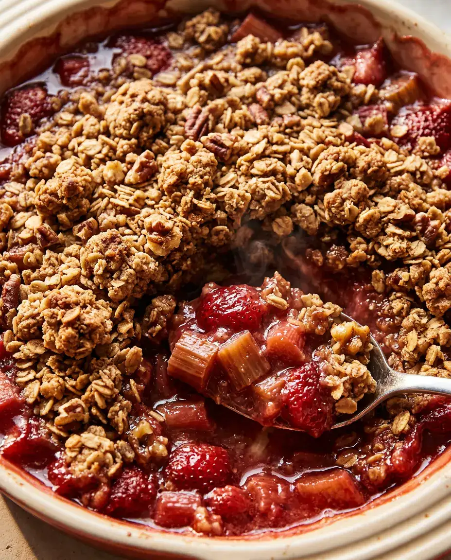 Strawberry Rhubarb Crisp With Buttery Oat Topping Scooped strawberry rhubarb crisp with steaming fruit filling and golden oat crumble
