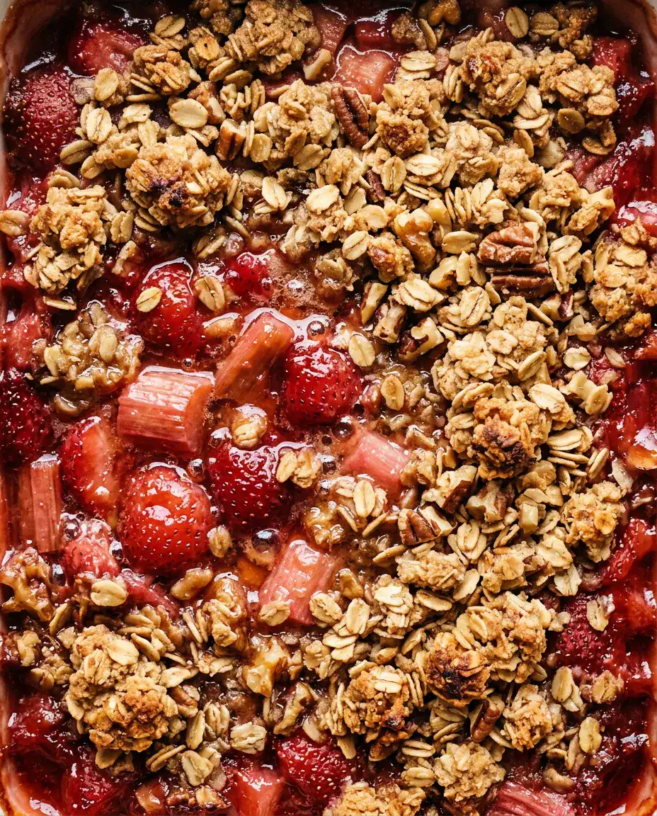 Strawberry Rhubarb Crisp With Buttery Oat Topping Extreme close-up of strawberry rhubarb crisp with bubbling fruit and golden oat crumble