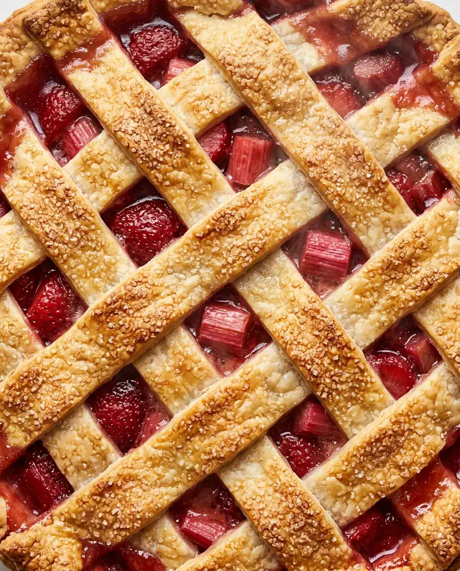 Strawberry Rhubarb Pie With a Flaky Lattice Crust Extreme overhead of strawberry rhubarb pie with bubbling ruby filling and flaky sugared lattice crust.