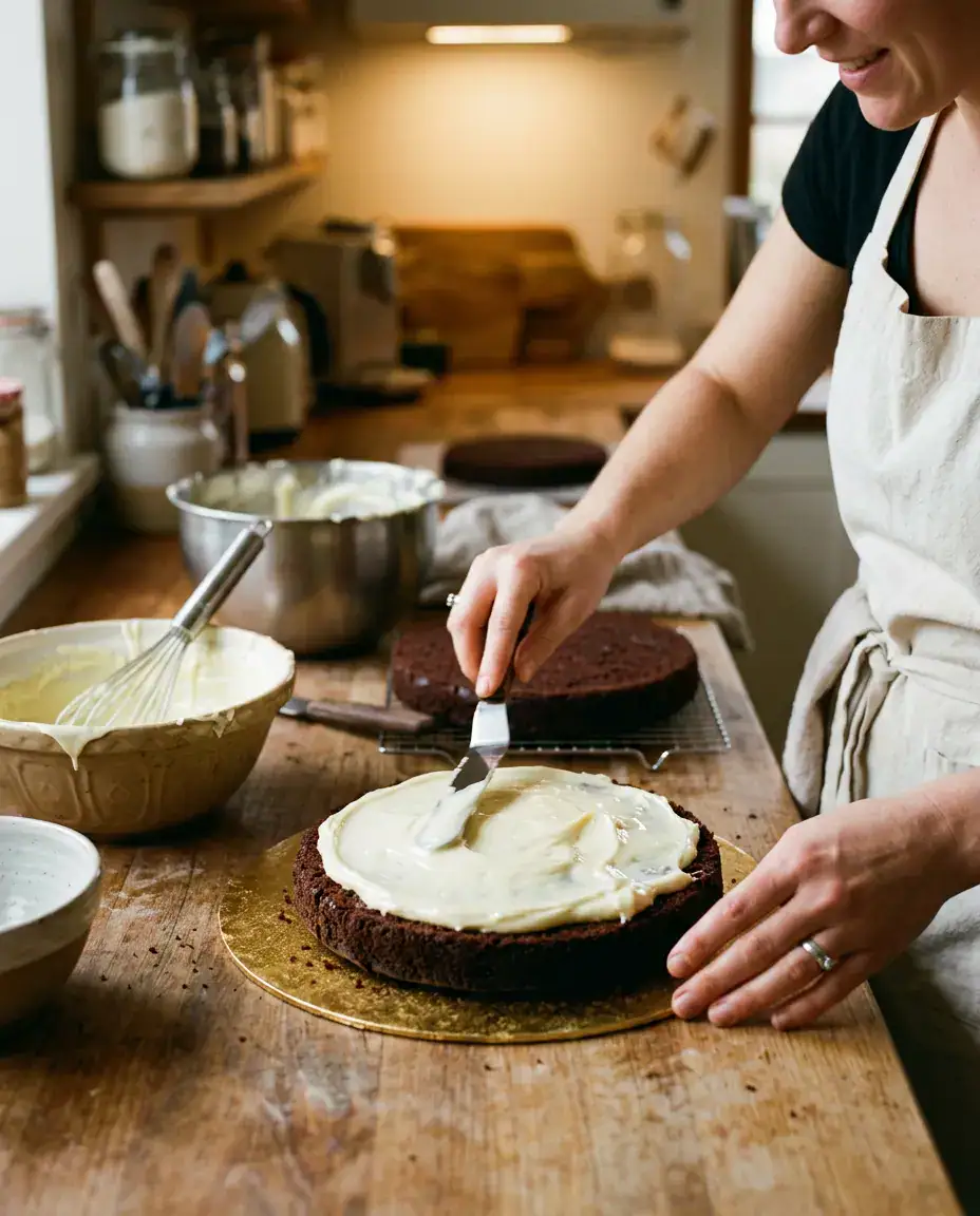 Indulgent Tuxedo Cake with White Chocolate Filling Baker spreading white chocolate filling on a chocolate cake layer for tuxedo cake