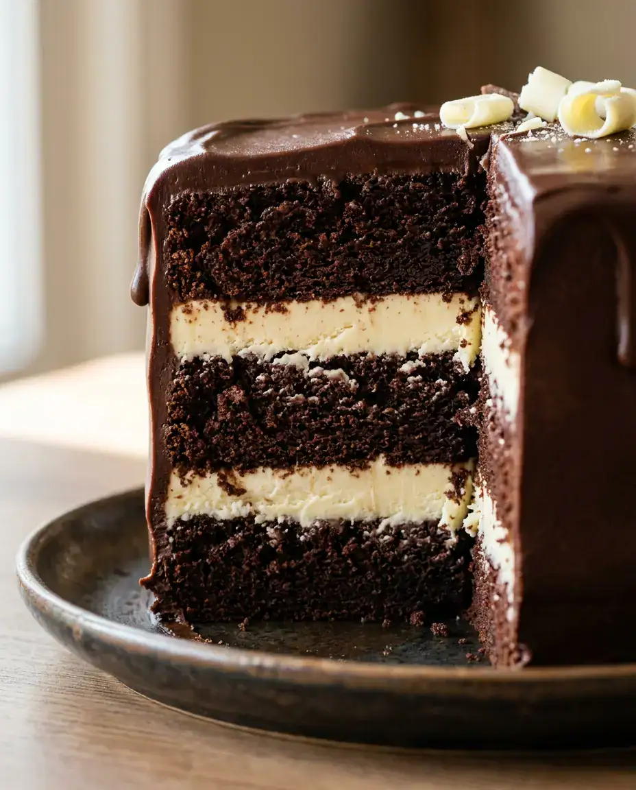 Indulgent Tuxedo Cake with White Chocolate Filling Tuxedo cake slice displaying dark chocolate cake and white chocolate filling layers