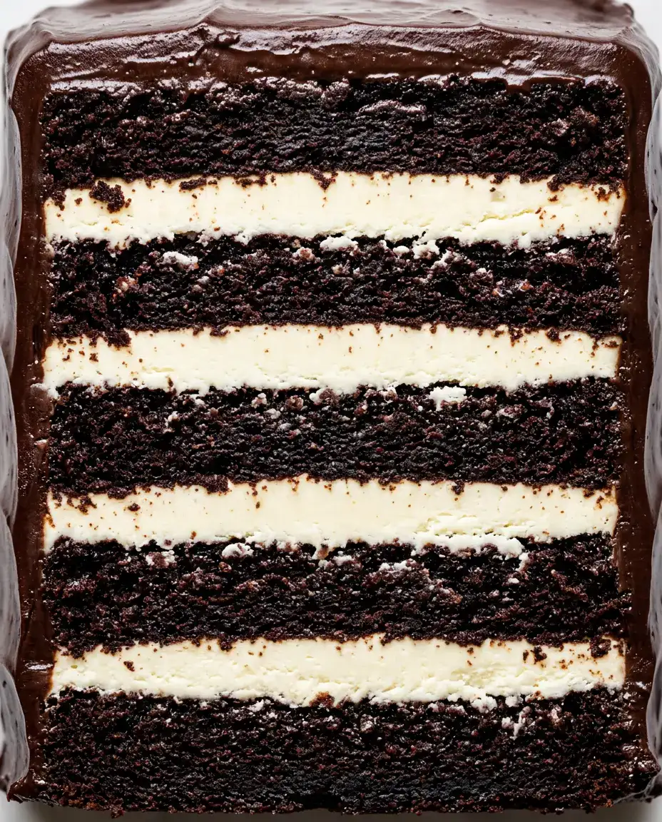 Indulgent Tuxedo Cake with White Chocolate Filling Close-up of a layered tuxedo cake with dark chocolate cake and white chocolate filling